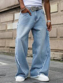 Manfinity EMRG Quần jeans ống rộng rách vá phong cách đường phố dành cho nam - Rửa nhẹ - Xem 7