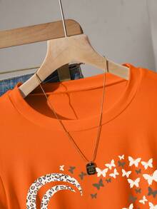 SHEIN Women's Leopard Print Butterfly & Heart Graphic Ruched Waist Fitted T-Shirt, Fashionable Versatile Casual & Occasion Wear, Summer - Orange - View 6