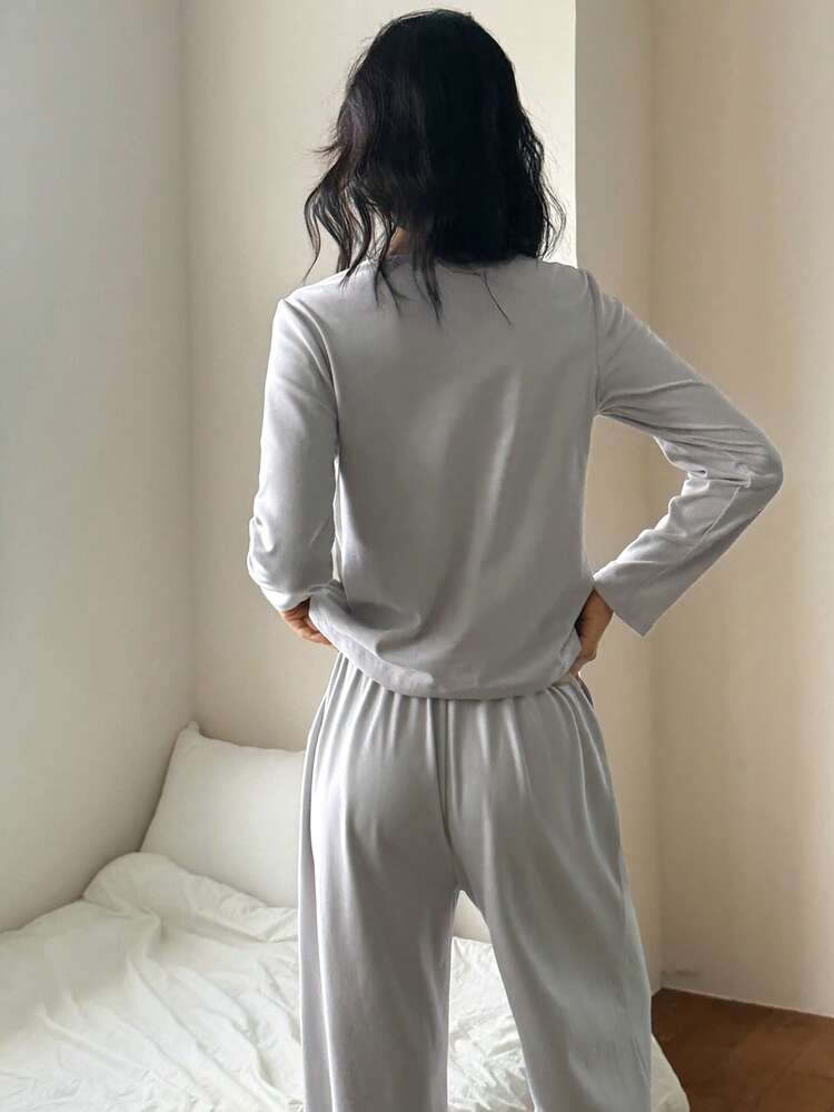 Women's Lace Patchwork Brushed Pajama Set, Autumn/Winter