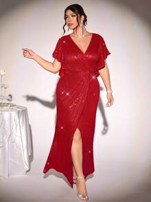 Firerie 加大码优雅亮片闪亮奢华高端迷人派对鸡尾酒会正式 V 领褶皱荷叶边袖开衩腰 H 型下摆女式连衣裙 - 紅色 - 查看 5