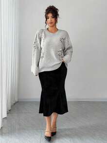 Dazy Plus Maglione oversize a girocollo con maniche lunghe, decorato con fiori e perline, casual per taglie forti, con paillettes, adatto per autunno/inverno