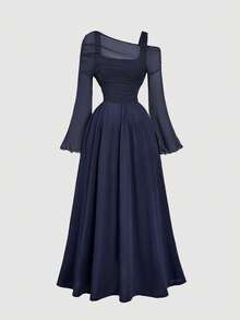 SHEIN MOD Vestido de mujer de manga larga con hombros descubiertos y mangas de trompeta de malla 2 en 1, estilo occidental, vintage, años 70, The Bachelorette, color azul marino