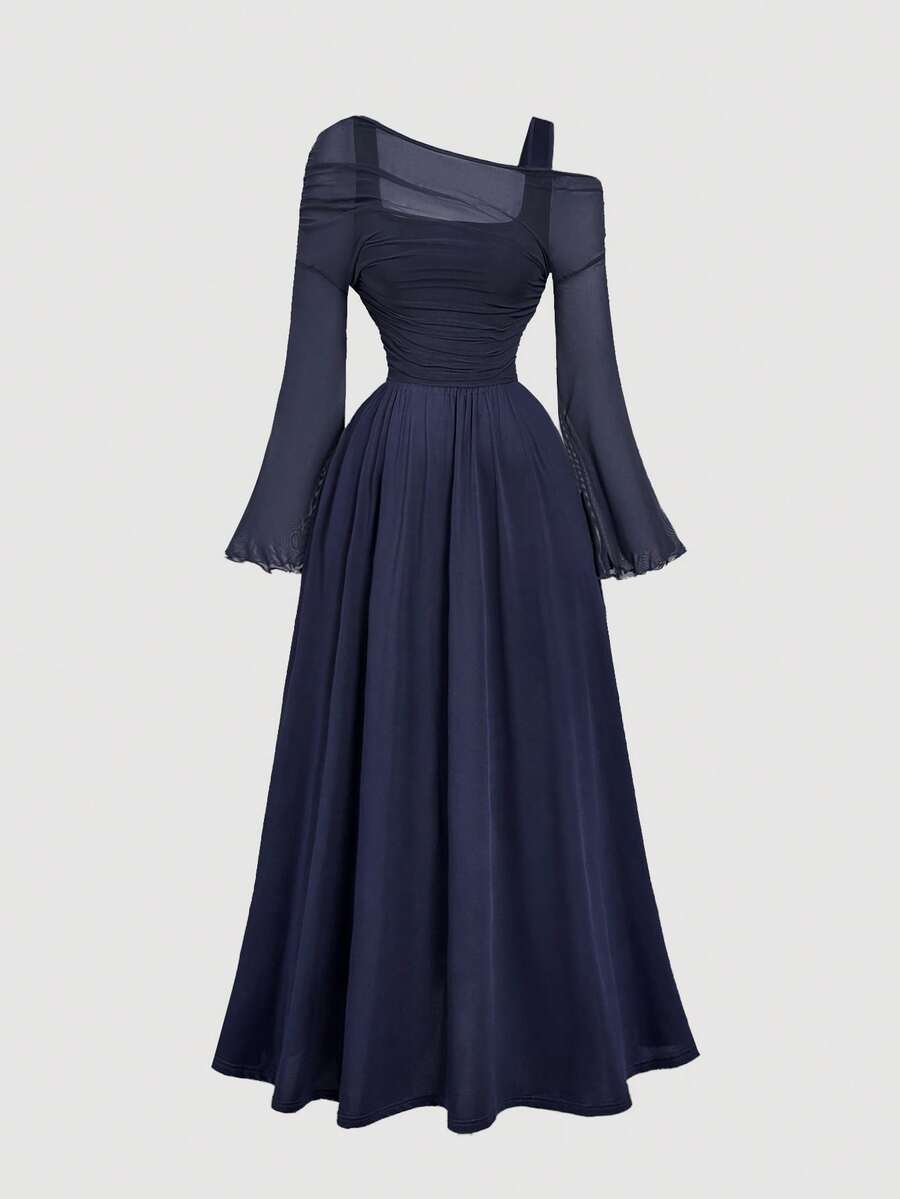 SHEIN MOD Vestido de mujer de manga larga con hombros descubiertos y mangas de trompeta de malla 2 en 1, estilo occidental, vintage, años 70, The Bachelorette, color azul marino