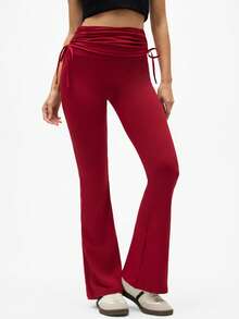 Eassivo Eassivo Pantalon de survêtement plissé à cordon de serrage de couleur unie décontracté pour femmes - Rouge foncé - Voir 3