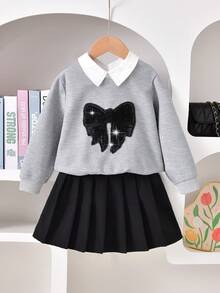 Autumn Back-To-School Career Day Girls Gray Shiny Beaded Bow Collar Long Sleeve Sweatshirt+Black Pleated Skirt Set,Collegiate Style Collegiate Suit - Multicolor - View 3