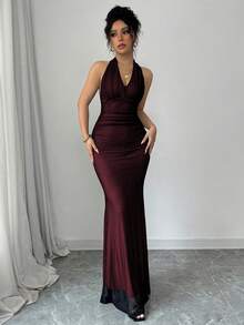 Rafferiza Elegant Bodycon Fishtail Hem V-Neck Waist Pleated Knit Mesh With Rose Red Lining Long Dress For Women, Autumn/Winter - Red - View 5