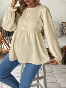 Momance 孕妇秋季简约瑞士圆点纽扣半开襟衬衫 - 杏色 - 查看 6