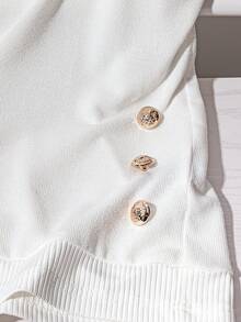 GlowEve 女式休闲纯色纽扣装饰针织T恤，夏季 - 白色 - 查看 5