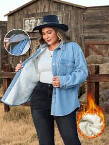 EMERY ROSE Chaqueta vaquera con capucha, de manga larga, con botones delanteros y forro térmico, de unicolor, para tallas grandes - Lavado ligero - Ver 1