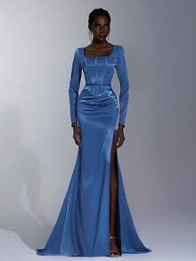 Elitara Elegant Navy Blue Glossy Satin Formal Dress,Minimalist 3D Floral Off Shoulder Mermaid Hem Side Draped High Slit Gown For Graduation,Wedding,Gala - Blue - View 6
