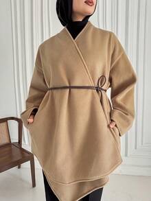 DAZY Stilvoller kurzer Mantel mit Gürtel und umkehrbarem Revers, dicker Winterjacke für Frauen in bescheidener Mode - Khaki - Übersicht 4
