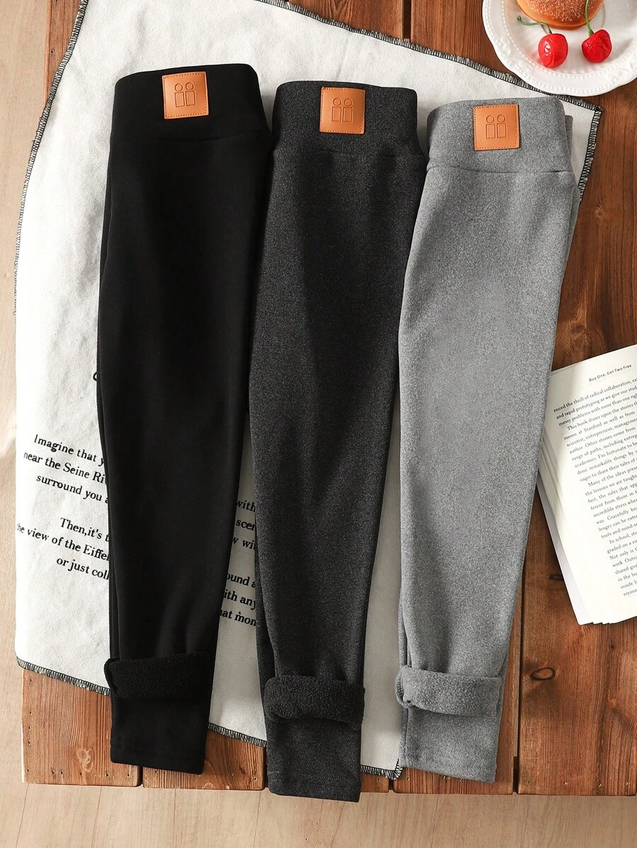 SHEIN LMoss Kids 3件套年轻女孩秋冬厚衬里打底裤,百搭休闲衬里裤紧身皮革打底裤,作为基本休闲多用途打底裤套装,三件套。温暖舒适,适合秋冬季,适合家居、户外运动、学校、日常休闲。 - 淺灰色 - 查看 1