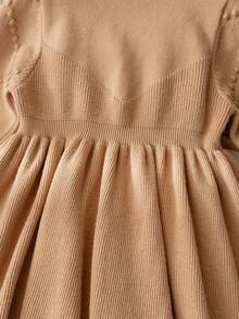 Souflis Souflis Young Girl's Pink Bow Knit Sweater Dress, Cute Ruffle Round Neck Long Sleeve Knitted Dress - Khaki - View 7