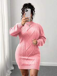 Elenzga Plus Size Solid Color Round Neck Drop Shoulder Long Sleeve Fitted Fashionable Knit Sweater Dress - Pink - View 3