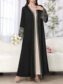 SHEIN Najma 女士菱形条纹印花长袖休闲阿拉伯长袍，适合春秋季节 - 彩色 - 查看 4