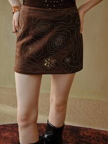 MOTF STUDIO 优雅串珠花卉刺绣波西米亚风时尚百搭厚重装饰裙 - 棕色 - 查看 5