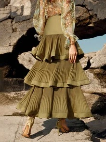 Anewsta Petite Anewsta Spring/Summer New Arrival Party & Vacation Multilayer Pleated Cake Hem Elegant Women Skirt - Army Green - View 2