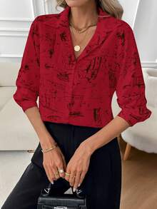 Louniche 女士休闲通勤全印花长袖衬衫 - 紅色 - 查看 4