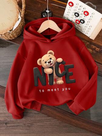 GraphicGems Girls' Red Hooded Sweatshirt Long Sleeve Top, Cute Bear "Nice To Meet You" Print, Suitable For All Seasons, Fall And Winter Young Girl Clothes Hoodie For Girls Cute Sweatshirts Winter Clothes Red Hoodie Cute Hoodie