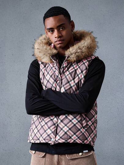 Prep Herren karierter Fleece-Ärmelloser Kapuzenweste