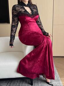 Vibekara Christmas Plus Size V-Neck Cheongsam Collar Button Lace Sheer Floral Trim Long Sleeve Stretchy Elegant Patchwork A-Line Knee-Length Black Vacation Party Cocktail Dress For Women Burgundy Lehenga