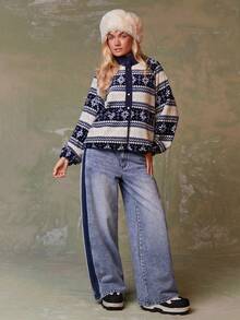 Athîral 女士休闲毛绒印花常规外套圣诞节圣诞夹克圣诞图案蓝色图案秋冬装 - 藍白色 - 查看 4