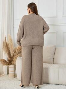 SHEIN Lacomfia Plus Size Women Cable Pattern Round Neck Drop Shoulder Long Sleeve Sweater And Knit Pants Casual Loose Suit, Autumn/Winter