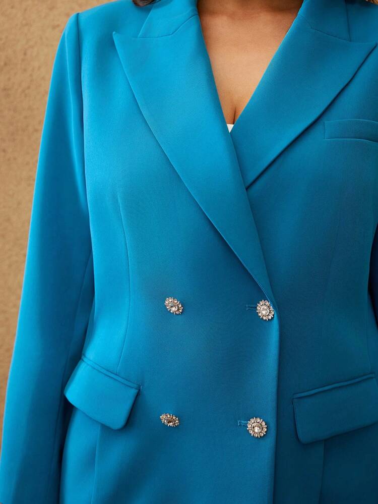 PLUS SIZE PEAK COLLAR RHINESTONE BUTTON DECOR DOUBLE BREASTED BLAZER/WINTER