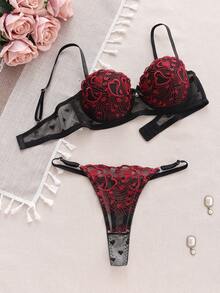 SHEIN Lace Patchwork Women's Underwire Bra And Thong Panty Set - Black - View 5