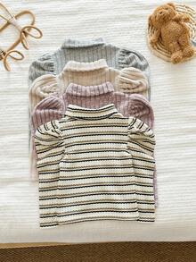 LMoss Kids LMoss 4件套女婴针织纯色条纹羊腿袖休闲上衣套装，长袖上衣，长袖，舒适秋冬款式