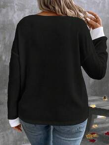 EMERY ROSE Áo thun cổ chữ V dệt kim Waffle Colorblock cỡ lớn, thời trang thường ngày cho mùa thu/đông - màu đen - Xem 2