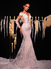 Glamrae Elegant Luxurious Romantic Beaded Mesh Embroidered Sheer Long Sleeve Handmade Applique V-Neck Fishtail Extra Long Train Wedding Bridal Gown