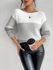EMERY ROSE Women's Casual Boat Neck Oversized Loose Contrast Color Pullover Sweater, Suitable For Autumn/Winter Daily Commute - Multicolor - View 3