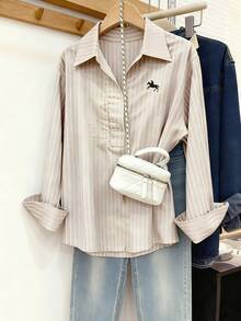 Franclia قميص كاجوال للنساء بأكمام طويلة مخطط مع تطريز على الصدر، قطن، مناسب للعمل، خريف/شتاء