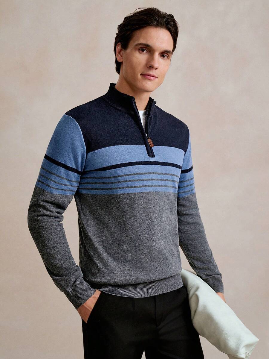 Manfinity CityGents Men's Striped Long Sleeve Zipper Half Placket Casual Knitted Sweater, Autumn/Winter