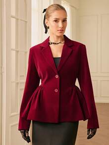 Chiquease 女式天鹅绒泡泡袖翻领长袖夹克 - 紅色 - 查看 3