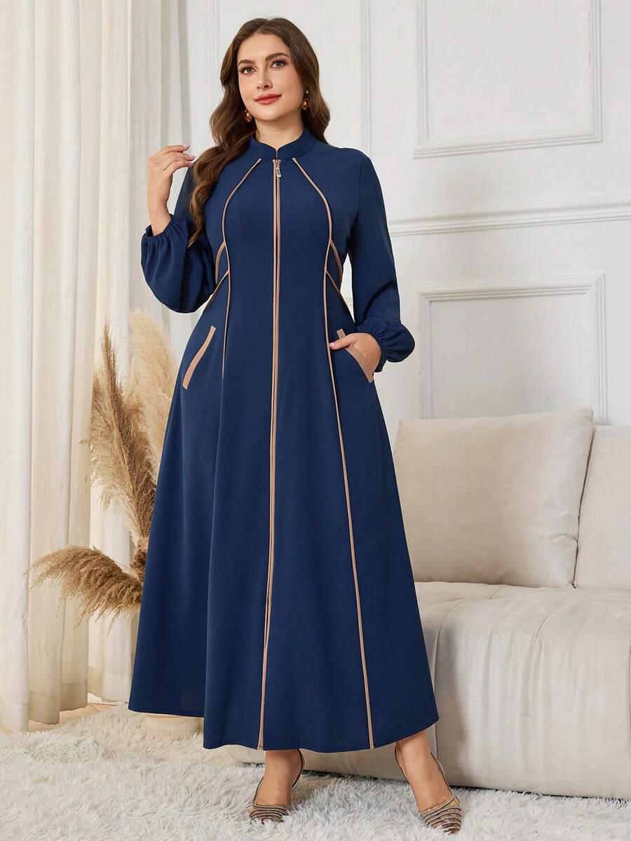 Al Najma Große Größen Elegantes, vielseitiges Alltagskleid für Damen mit Mandarin-Kragen, Langarm, figurbetonter Passform, Kontrastbesatz und schräger Tasche