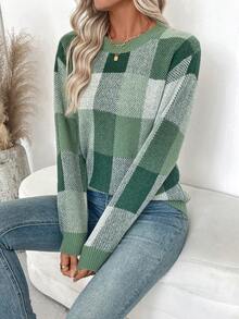 EMERY ROSE Christmas Sweater Women's Casual Commuter Plaid Pattern Drop Shoulder Loose Pullover Sweater, Autumn/Winter - Green - View 5