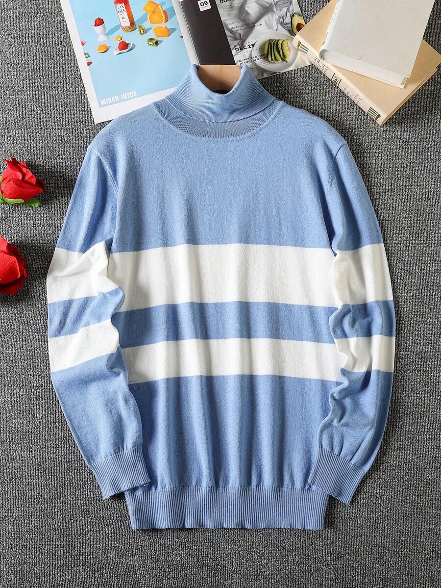 Manfinity Homme 男士条纹高领长袖休闲毛衣，秋冬 - 藍色 - 查看 1