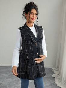 SHEIN Maternity Plaid Shawl Collar Single-Breasted Casual Sleeveless Jacket, Autumn - Black - View 4