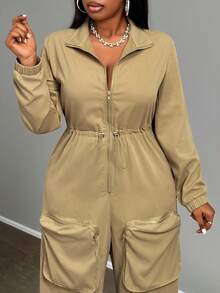 Slaydiva Combinaison grande taille, style urbain décontracté, pour festival de musique, Pâques, fête d'anniversaire, usage quotidien, polyvalente, couleur unie, poches cargo exagérées, manches longues, cordon de serrage à la taille, automne/hiver 2025 - Kaki