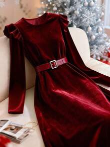 GlowEve 女士天鹅绒针织 A 字裙，荷叶边下摆装饰，优雅适合日常、通勤、商务、法式浪漫约会、派对、圣诞节、秋冬，酒红色 - 酒紅色 - 查看 7