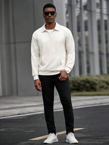 Manfinity CasualCool Men's Casual Solid Color Pocket Long Sleeve Polo Shirt, Autumn Sweats Shirt White Cream Sweatshirt Sweatshirts For Men Half Zip Sweatshirt Men Men S Quarter Zip - Apricot - View 3