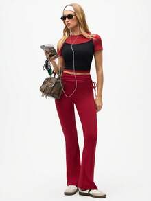 Eassivo Eassivo Pantalon de survêtement plissé à cordon de serrage de couleur unie décontracté pour femmes - Rouge foncé - Voir 7