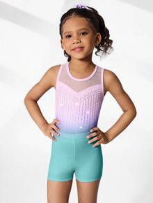 Set de 2 piezas de leotardo y shorts para gimnasia de niñas jóvenes, con diseño impreso lindo y decoración de rhinestones, adecuado para uso casual, deportivo y de competición - Multicolor - Ver 6