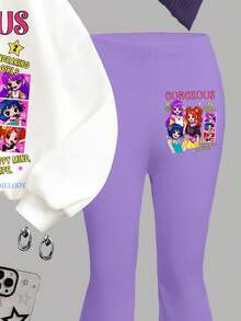 SHEIN Leap Crew 白色和紫色，K-POP卡通图案，少女休闲简约加厚柔软保暖舒适宽松圆领长袖卫衣和喇叭裤两件套，适合秋季日常、街头风、校园风、秋冬穿搭，轻松舒适，秋冬叠穿，时尚童装，休闲服饰，儿童图案服装，秋季服装，时尚秋季，秋季新款，冬季时尚 - 彩色 - 查看 5