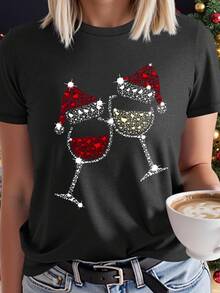 EMERY ROSE Plus Size Graphic Tee, Streetwear Style Short Sleeve T-Shirt, Cute Summer Top - Dark Grey - View 1