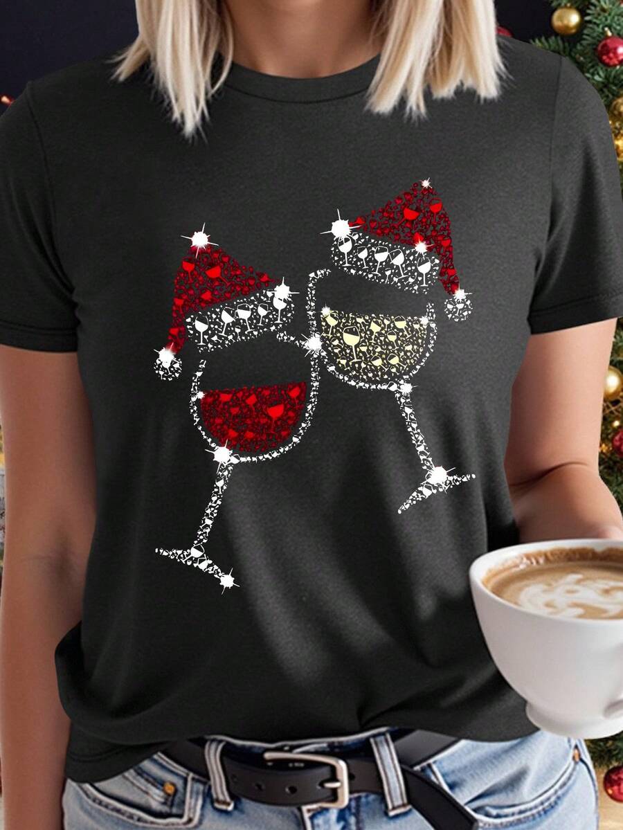 EMERY ROSE Plus Size Graphic Tee, Streetwear Style Short Sleeve T-Shirt, Cute Summer Top - Dark Grey - View 1