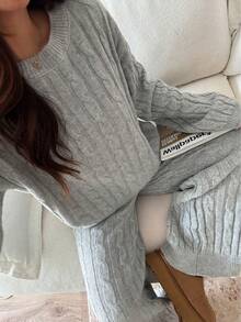 SHEIN Unity 女士休闲宽松百搭时尚百搭麻花针织纹理圆领毛衣裤两件套，秋冬 - 灰色 - 查看 6