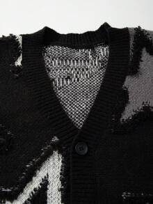 ROMWE MEN Street Life Spring Casual Graphic Men'S V-Neck Button Front Fashionable Five-Pointed Star Pattern Knit Cardigan Sweater, Winter - Black - View 4